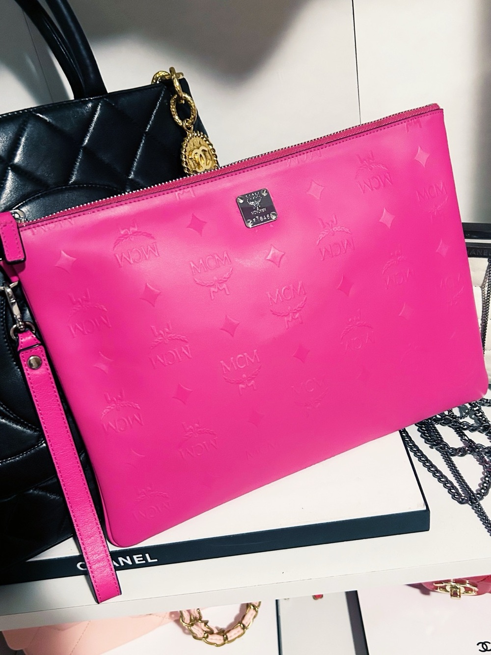 Authentic MCM Barbie Pink XL Wristlet Pouch / Clutch Bag